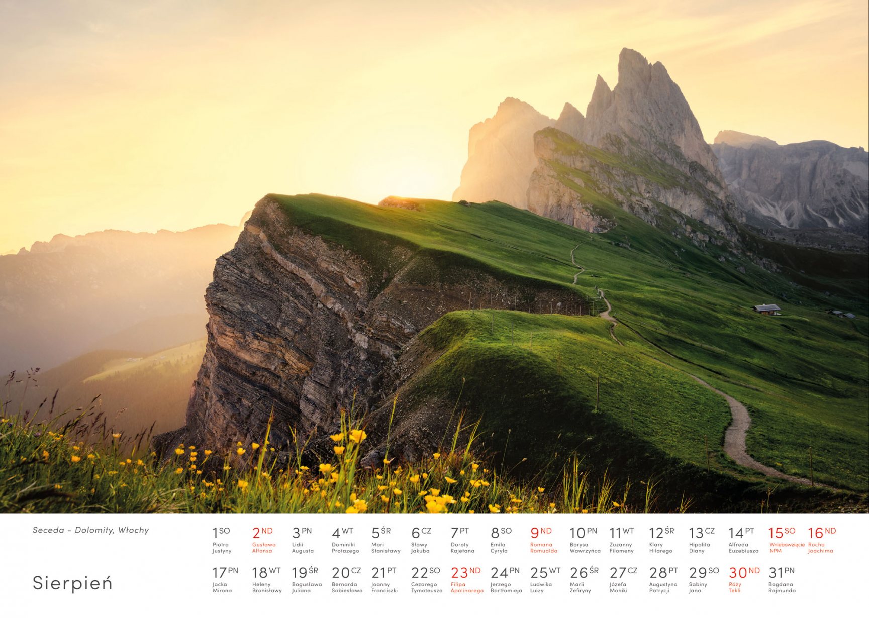 Kalendarz krajobrazy 2020 - Sierpień - Piotr Kałuża - Seceda Dolomity